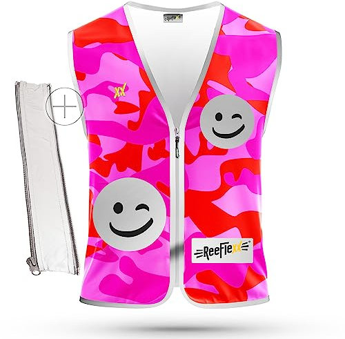 Kinderweste Warnweste für Kinder inkl. Größen-Adapter, reflektierende Weste, erhöhte Sichtbarkeit im Straßenverkehr durch Reflektoren, Pink Camou Smiley - Größe M - kleine Geschenke für Kinder