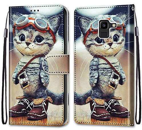 KimsCase für Samsung Galaxy J6 2018 Hülle Leder Silikon Case Magnetisch Kawaii Kickstand Schutzhülle Hüllen Brieftasche Handyhülle Flip Motiv Tier Muster Design Cover