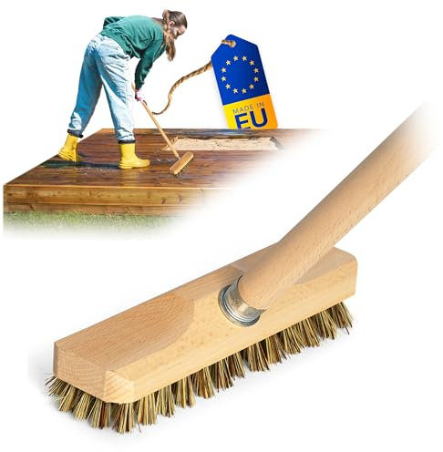 Brosse à récurer en bois avec poils | Essuie-glace avec filetage et tige en bois | Brosse à récurer Union | Brosse de sol | Idéal pour le nettoyage de balcon, terrasse, jardin, intérieur et extérieur