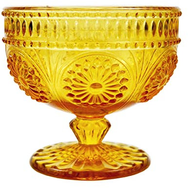 CHOOLD Vintage Flower Embossed Glass Footed Dessert and Salad Bowl - 9oz Yellow