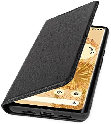 WIIUKA Hülle für Google Pixel 6 Pro, Premium Leder, mit Kartenfach, extra Dünn, Handyhülle mit Standfunktion, Tasche Schwarz
