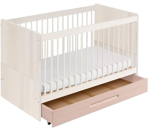 BioKinder Lina Babybett Gitterbett und Kinderbett 70 x 140 cm aus Bio-Massivholz Weiß mit Bettkasten in Steinrosé und bionik bioduo Schurwoll Matratze