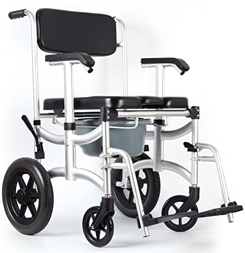 Generic Duschstuhl Duschhocker Modern Schwarz mit Rollen Über Toilette mit Hygieneausschnitt Fahrbarer Toilettensitz Nachtstuhl mit Rückenlehneund Fußstützen
