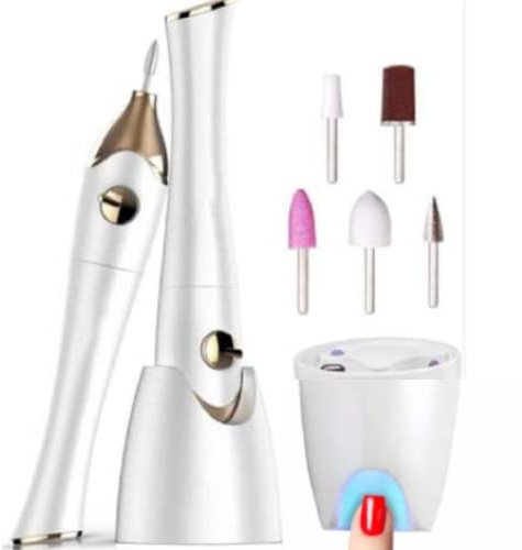 Portable Nail File and Buffers Manicure Pedicure Battery Powered 5 Bits Set with UV Dryer Drill Kit Multifunction Mini Nail Lamp White Gold