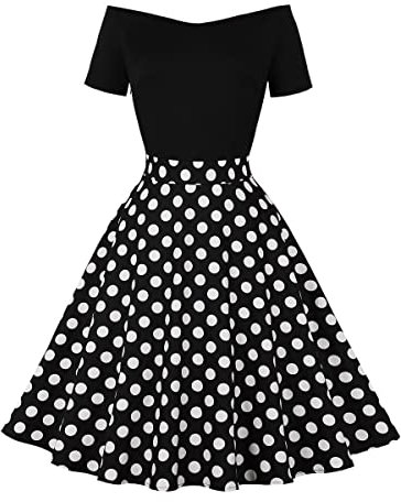 Wellwits Women's Off Shoulder Polka Dots Formal Cocktail Vintage Dress Black L