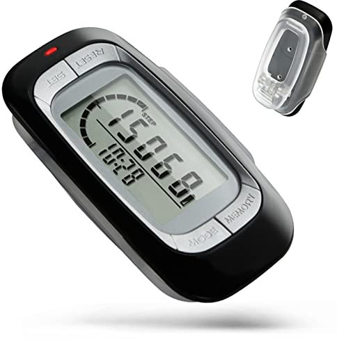 Gzvxuny 3D Schrittzähler Clip On, Einfacher Walking Schrittzähler Ohne App und Handy, Hilfe Track Schritte und Meilen/Km Kalorien verbrannt und Aktivität Zeit 7 Tage Speicher, Schwarz