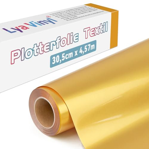 Lya Vinyl Plotterfolie Textil, 30,5 × 457,5cm Strahlendes Gold Flexfolie Plotter Textil für Cricut und Silhouette, Textilfolie Plotter für DIY Stoff und Shirt