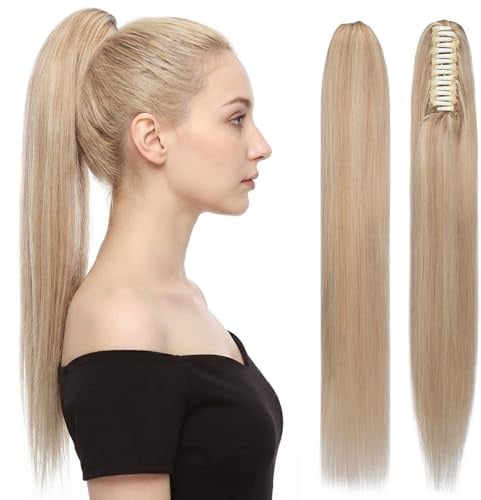 S-noilite Pferdeschwanz Extensions Echthaar mit Klammer - Zopf Haarverlängerung Glatt 120g Extensions Echthaar Ponytail 50cm #18/613 Aschblond＆Gebleichtes Blond