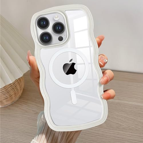 QLTYPRI Magnetic for iPhone 14 Pro Max Case Compatible with Magsafe, Cute Curly Wave Frame Clear Case for Girls Women, Transparent TPU Bumper Shockproof Phone Case Cover for iPhone 14 Pro Max-White