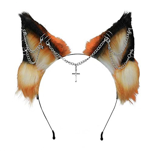 VIGVAN Handgemachte Wolf Fuchs Ohren Cosplay Kopf Zubehör Kawaii Haarband (C Orange Schwarz)
