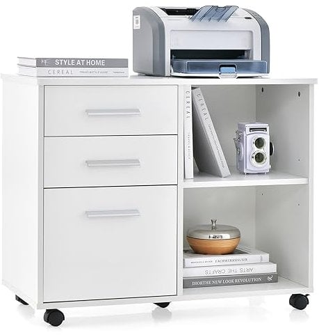 COSTWAY 3-Drawer Mobile File Cabinet, Lateral Stationery Storage Cabinet with 2 Open Storage Shelves and Wheels, Home Office Rolling Printer Stand Side Filing Cupboard (with Metal Handles, White)
