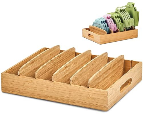 TOATELU Bambus Küchen Organizer, Topfdeckelhalter mit 5 Verstellbaren Trennwänden, Aufbewahrungsbox, Bamboo Organiser Kitchen, Organizer Küche für Küche, Bad, Zimmer