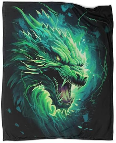 Funkelnder Drache Kuscheldecke Flauschig Flanell Decke Grüne Flamme 3D Kinder Fleecedecke Wohndecke Warm Sofaüberwurf Decke Sofadecke Couchdecke Tagesdecke Für Bett & Sofa 60x80inch(150x200cm)