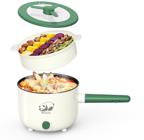 Mihoho Electric Hot Pot with Steamer, Portable Nonstick Frying Pan with Dual Power Control, Electric Shabu Shabu Cooker for Noodle, Oatmeal, Pasta, Ramen, 1.5L (Green), YDS2420