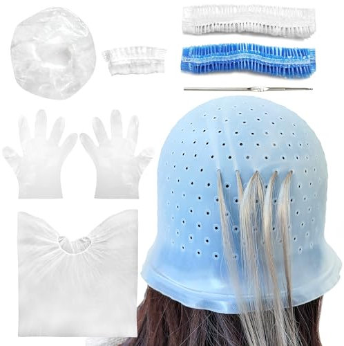 Stränchen Haube Strähnenhaube Haare Färben Zubehör Strähnchen Set 9 Stück Strähnchenhaube Haare Friseur Szubehör Färbung Kit Werkzeug einschließlich Strähnchen Set, Ohrbedeckung, Schürze, Handschuhe