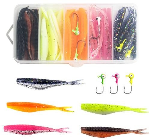 QCYFJZFU Gummishads Forellenköder Set, 30 Stück Gummiköder mit Jigköpfe, Drop Shot Gummifische für Forelle Barsch Zander Hecht