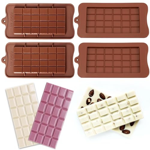 LDERFIV Lot de 4 moules à chocolat en silicone - Mini moule en silicone pour tablette de chocolat - Anti-adhésif - Facile à démouler - Pour cuisine, pâtisserie, chocolat, bonbons protéinés