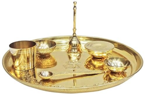 IMTRA FASHION Indian Brass Pooja Thali Set 7 Pieces Gift Puja Thali 9.5 Inch Traditional Occasional Handcrafted Thali Set for Pooja Arti