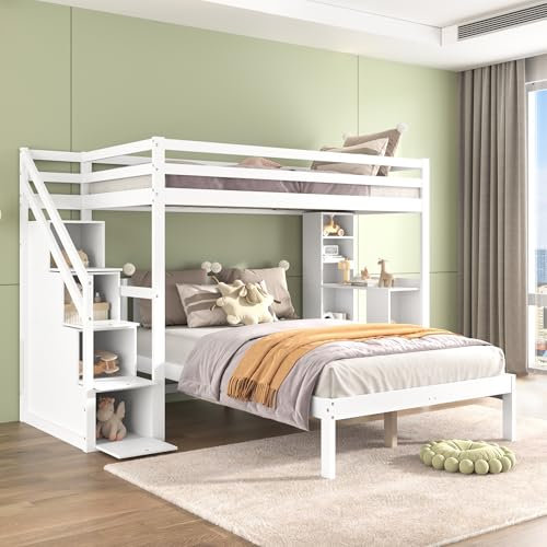 FEZTOY Etagenbett mit Treppe, Beistelltisch und Ablagen, Kinderbetten 90x200cm+120x200cm, Multifunktionales Hochbett mit Rausfallschutz und Lattenrost, ohne Matratze
