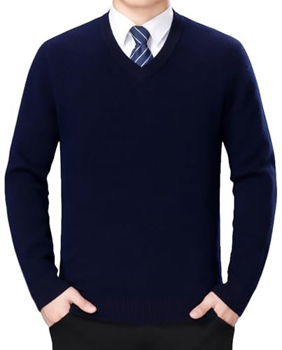FULIER Men's V-Neck Jumper Cashmere Knitted Pullover Casual Long Sleeve Sweater Basic Sweatshirt Winter Jumper (Navy, M)