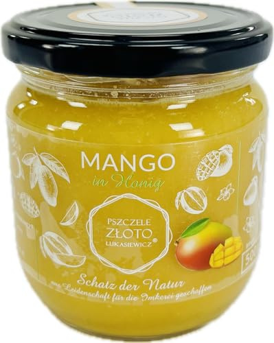 Honig mit Mango 500 g – 0.5 kg - Großes Glas - Bienenhonig - Europäischer Naturhonig - Hergestellt in der EU - Zum Süßen - Zuckerersatz - Für Backwaren