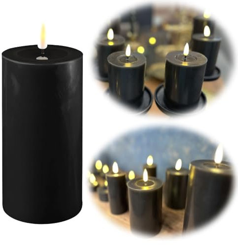 LS-LebenStil Real Flame 3D LED Stumpenkerze Ribe Schwarz 15x7,5cm Deluxe Echtwachs Wachsspiegel flackernde Kerzen Echtwachsspiegel Blockkerze opt. Timer und Fernbedienung