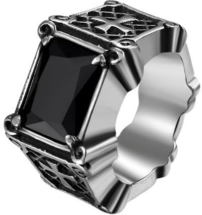 Flongo Kreuz Achat Siegelring für Herren: Edelstahl Schwarz Onyx Quaderring Edelstein Vintage Punk Biker mit großen Kristallen Ring Knöchelring band Ring Ritter Vatertag Weihnachten Mann Geschenk