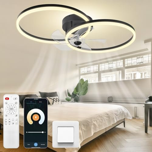 Ventilador de techo moderno de 50 cm LED de bajo consumo, ventilador e iluminación 2 en 1, control remoto y control inteligente por aplicación, función de sincronización, silencioso