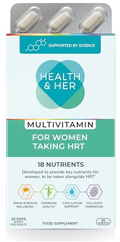 Health & Her Multivitamin for Women Taking HRT, Gluten Free, 30 Day Supply | Daily multivitamin with 18 key nutrients to take alongside HRT; Vegan, gluten-free; 60 tablets