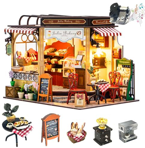 TOPBSFARNY Puppenhaus-Miniatur mit Möbeln, 3D-Bäckerei, Holzpuppenhaus-Set, Kreativitätsraum, Erwachsenen-Baupuzzle, Geburtstagsgeschenk, Schreibtisch-Dekoration (ohne Staubschutz)