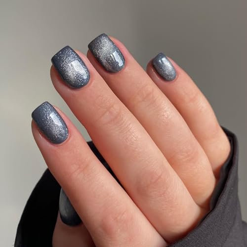 Smoky Grey Cat Eye False Nails, SXVME Glitter Press on Nails Short Square, Sparkly Shiny Fake Nails Natural, Cute Bling Stick on Nails for Women Daily Wear, 30 Pcs