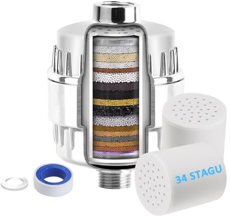 Shower Filter for Hard Water, 34 Stage Shower Head Filter with 2 Replaceable Cartridges, Multi-Stage Shower Water Filter to Remove Chlorine, Heavy Metals and Other Sediments