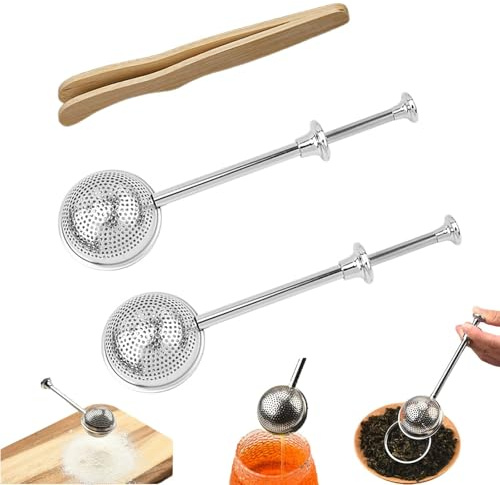 2-Piece Loose Leaf Tea Infuser, Loose Leaf Tea Strainer Infuser Set with Bamboo Tongs, 304 Stainless Steel Long Handle Tea Filter and Tea Ball Steeper for Mugs, Cups, and Deep Tumblers