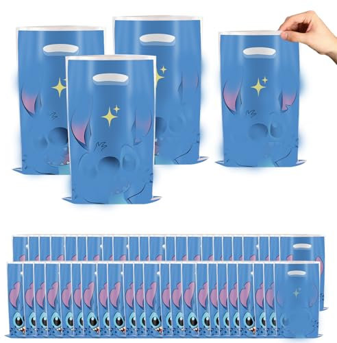 50 Pezzi Sacchettini Compleanno Bambini Stiitch Blu, Sacchetti Regalo, Sacchetto per Caramella,Borsa di Regalo per Feste di Compleanno di Natale, Feste a Tema 25 x 16 cm