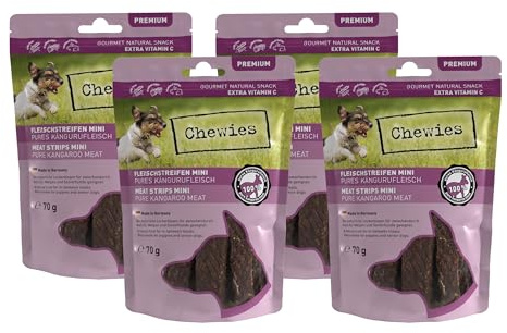 Chewies Fleischstreifen MINI Hundeleckerli aus 100% Kängurufleisch - 4 x 70 g - Snack für kleine Hunde - luftgetrocknete Känguru Kaustreifen - hypoallergen & getreidefrei - Dörrfleisch vom Känguru