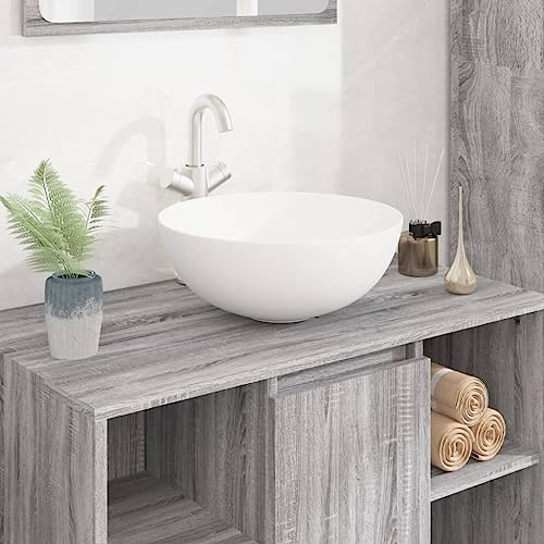 Lavabo da Appoggio Tondo, Lavandino Bagno in Ceramica Bianca, Design Moderno con Finitura Lucida, Per Bagno o Toilette, 36 x 15 cm