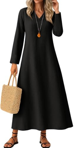 Maxi Dress for Women - Summer Fall Casual Long Sleeve Dresses Ladies V Neck Linen Sundress Loose Swing Holiday Beach-Dress