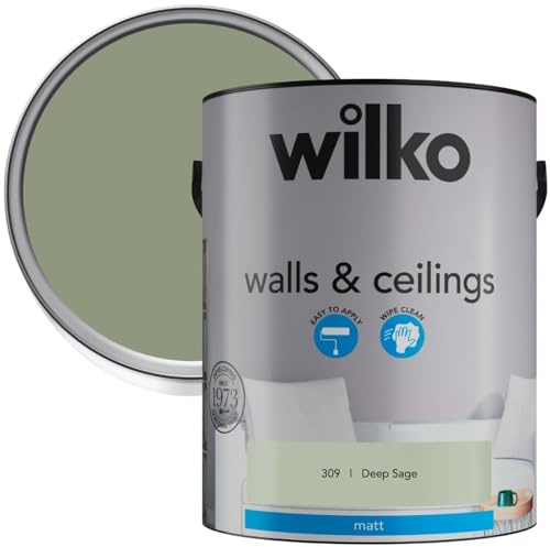 wilko Matt Paint 5L, Emulsion Paint, Wall & Ceiling Paint, Deep Sage, Matt Finish, Premium Quality, Easy Application, Single Unit, Interior Use