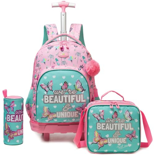 Egchescebo Sac a Dos Enfant Cartable Cabine Roulette Fille Primaire Valise École Maternelle Sacs à D'école pour Voyage de Bagages Ensemble Grand Étudian t Simple Pliable Rose Papillon