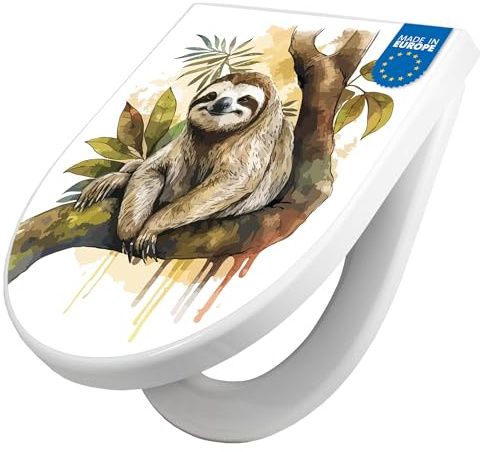 banjado WC Sitz mit Absenkautomatik D Form - Toilettendeckel mit Absenkautomatik D Form - Klodeckel Softclose - stabile Klobrille - Toilettensitz Weiß - Motiv Faultier mit Blütenmähne