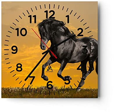 Modern Wanduhr Tiere Pferd Laufen Wiese 40x40cm Quadrat Groß Wand Uhr Glas Analog Zimmeruhren Küche Büro Wohnzimmer Glasuhr Wall Clock Dekoration Design Wanddekoration Küchenuhr C4AC40x40-2248