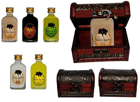 Lote de 10 Botellas de Licor Mini (Surtidas) en Baúl de Madera Clásico. Detalles de Bodas y Eventos.