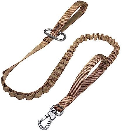 EXCELLENT ELITE SPANKER Tactical Bungee Dog Leash Military Adjustable Dog Leash Quick Release Elastic Leads Rope with 2 Control Handle(Brown)