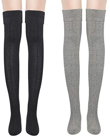 Yuccer 2 Pares Calcetines Altos Mujer Calcetines Hasta la Rodilla Mujer Calcetas Mujer Altas Termicos Medias Mujer Algodon Invierno