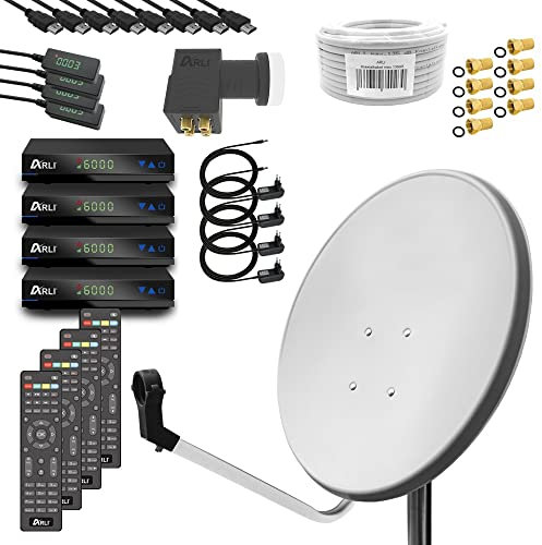 ARLI HD digital Sat Anlage 60 cm Weiß/Lichtgrau Komplettset für 4 Teilnehmer komplett inkl. 4X Receiver DVB-S2 + Quad LNB + 100 m Koaxialkabel + 8X F-Stecker Satellitenschüssel UHD (4K / 8K) 3D