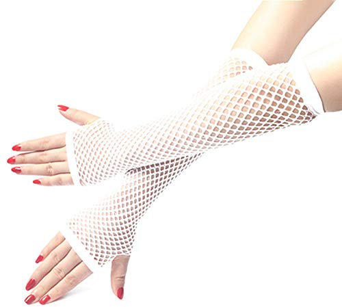 Egurs Damen Mädchen Fischnetz Netz Lang Handschuhe Fingerlos Weiß