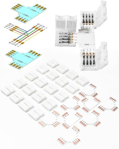 28Packs 20Pcs 4 poligen LED Verbinder mit 8 Pcs Doppelseitigen Schneidbaren T-Form-Verbindern für 10mm Breite RGB 5050 Flexible LED-Band-Verbinder (20Pcs Clips Plus 8Pcs PCB)