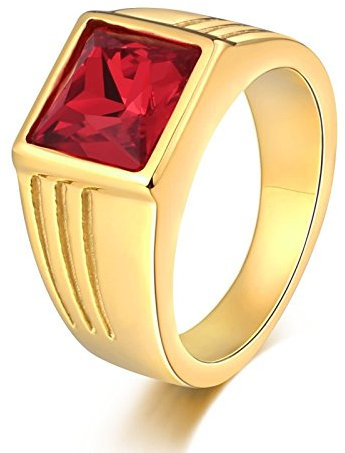 Beydodo Edelstahl Ring Männer mit Stein, Gold Ring Personalisiert Punk Quadrat Rot Zirkonia Breite 10MM Gr.54 (17.2)