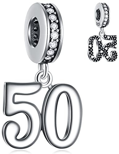 50 Geburtstag Dangle Charms passt Pandora Muttertag Armband, 925 Sterling Silber 50th Jubiläum Anhänger Perlen mit Geburtsstein CZ, Anzahl 50 Jahre Bday Geschenk für Oma/Vater/Mama