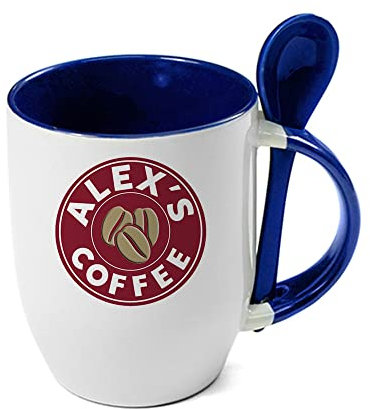 Giftme Personalised with Any Name Costa Unique Spoon Ceramic Mug Coffee Tea Mug. (Blue Spoon)